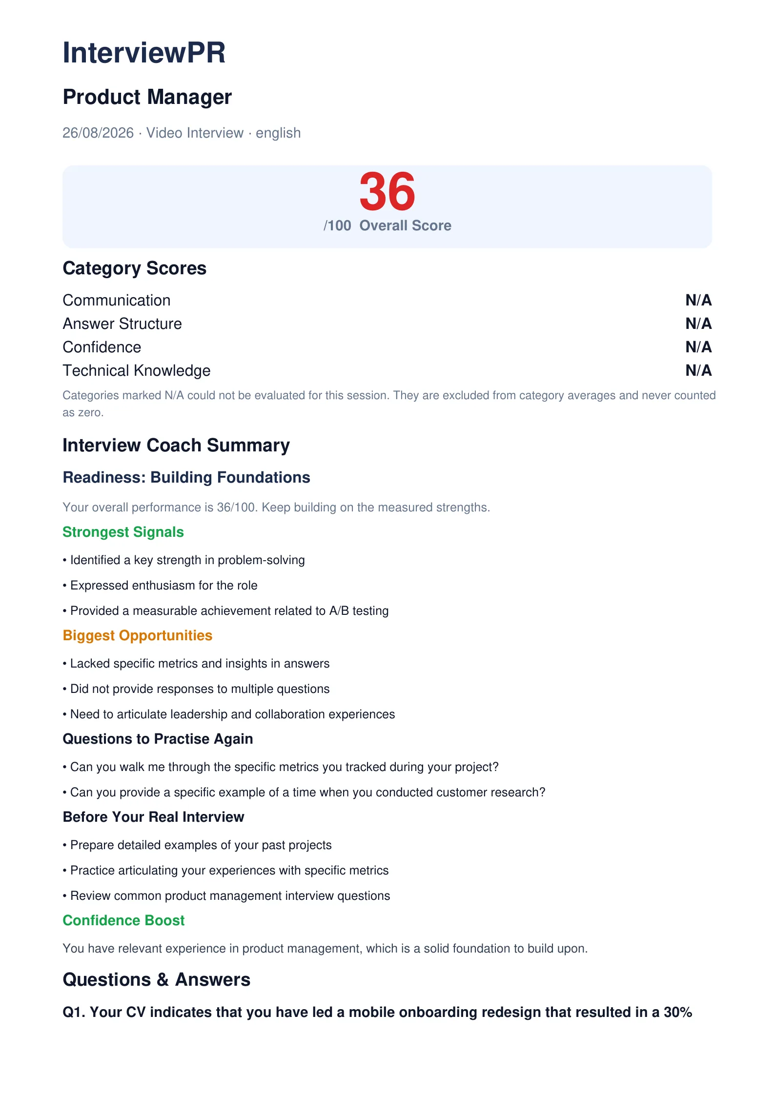 Real InterviewPR interview report — overall score and coach summary