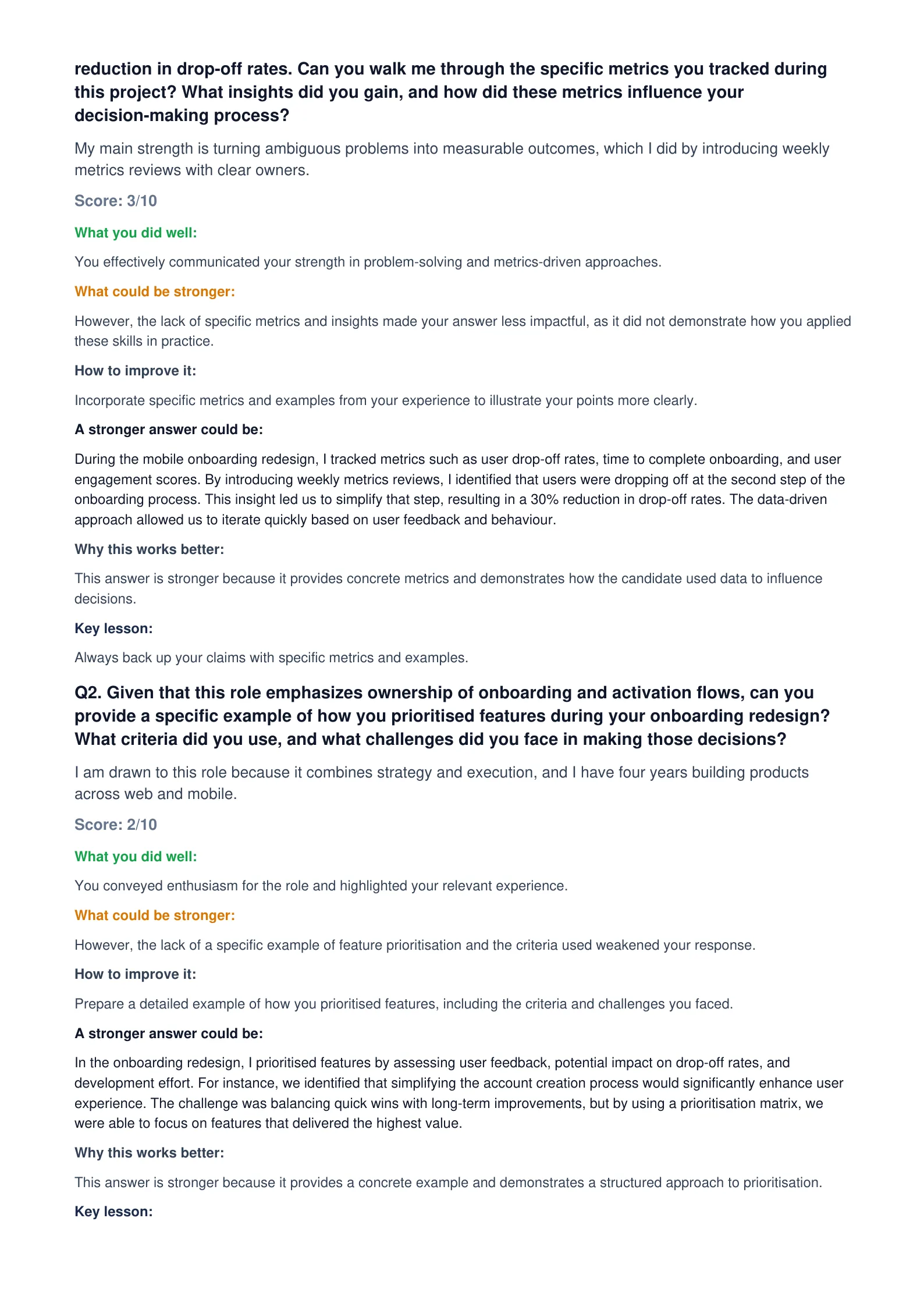 Real InterviewPR interview report — question-by-question feedback